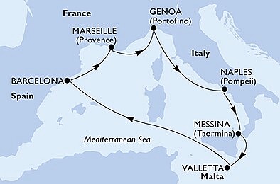 Itálie, Malta, Španělsko, Francie z Messiny na lodi MSC World Europa