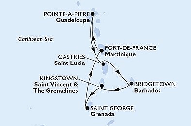 Martinik, Guadeloupe, Svatá Lucie, Barbados, Svatý Vincenc a Grenadiny, Grenada z Fort-de-France, Martinik na lodi MSC Virtuosa