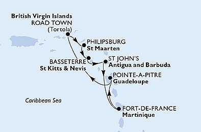 Martinik, Guadeloupe, Britské Panenské ostrovy, Svatý Martin, Svatý Kryštof a Nevis, ... z Fort-de-France, Martinik na lodi MSC Virtuosa