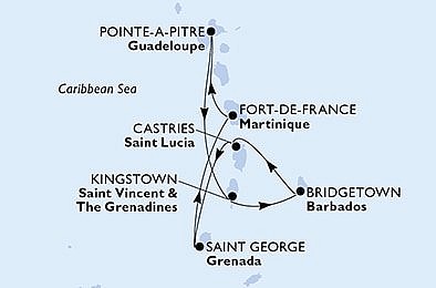 Guadeloupe, Svatý Vincenc a Grenadiny, Barbados, Svatá Lucie, Grenada, Martinik z Pointe-a-Pitre, Guadeloupe na lodi MSC Virtuosa