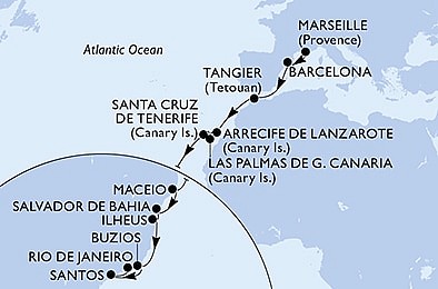 Francie, Španělsko, Maroko, Brazílie z Marseille na lodi MSC Orchestra