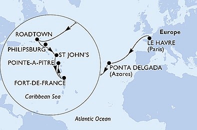 Francie, Portugalsko, Britské Panenské ostrovy, Svatý Martin, Martinik, Guadeloupe z Le Havru na lodi MSC Virtuosa, plavba s bonusem