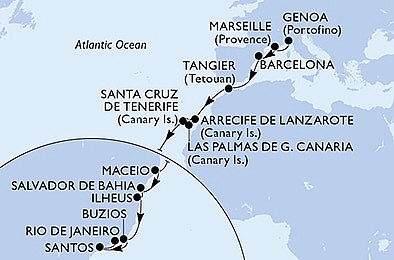 Itálie, Francie, Španělsko, Maroko, Brazílie z Janova na lodi MSC Orchestra, plavba s bonusem