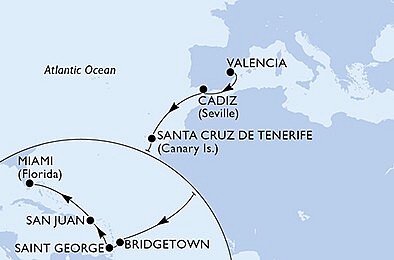 Španělsko, Barbados, Grenada, USA z Valencie na lodi MSC Seaside, plavba s bonusem