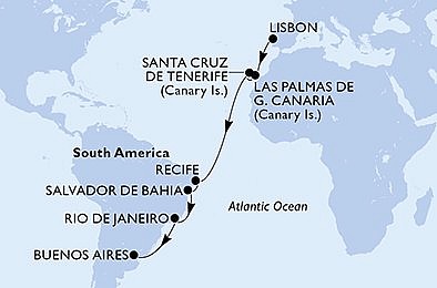 Portugalsko, Španělsko, Brazílie, Argentina z Lisabonu na lodi MSC Poesia, plavba s bonusem