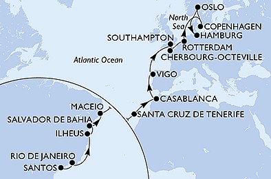 Brazílie, Španělsko, Maroko, Velká Británie, Francie, Nizozemsko, Dánsko, Norsko, Německo ze Santosu na lodi MSC Preziosa