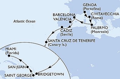 Itálie, Španělsko, Barbados, Grenada, USA z Janova na lodi MSC Seaside, plavba s bonusem