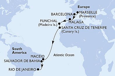 Francie, Španělsko, Portugalsko, Brazílie z Marseille na lodi MSC Grandiosa, plavba s bonusem