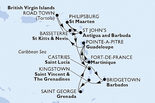 Martinik, Guadeloupe, Britské Panenské ostrovy, Svatý Kryštof a Nevis, ... z Fort-de-France, Martinik na lodi MSC Virtuosa