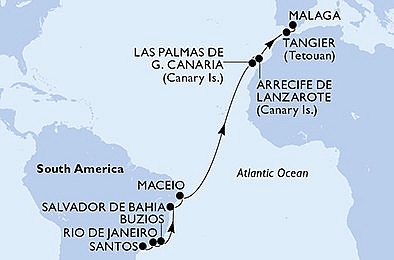 Brazílie, Španělsko, Maroko ze Santosu na lodi MSC Grandiosa, plavba s bonusem