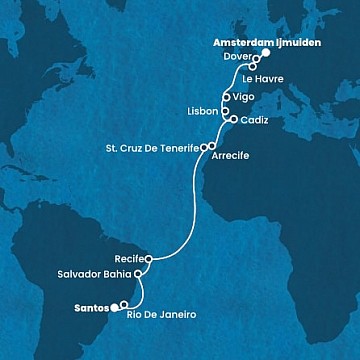 Brazílie, Španělsko, Portugalsko, Francie, Velká Británie, Nizozemsko ze Santosu na lodi Costa Favolosa