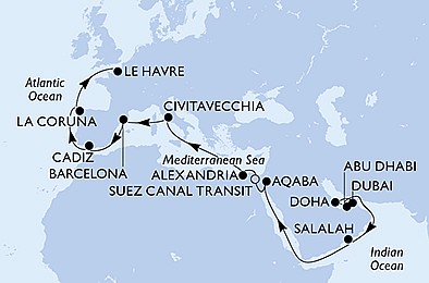 Spojené arabské emiráty, Katar, Omán, Jordánsko, Španělsko, Francie z Dubaje na lodi MSC Euribia, plavba s bonusem