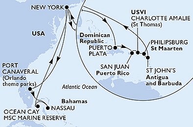USA, Bahamy, Dominikánská republika, Svatý Martin, Antigua a Barbuda z New Yorku na lodi MSC Meraviglia