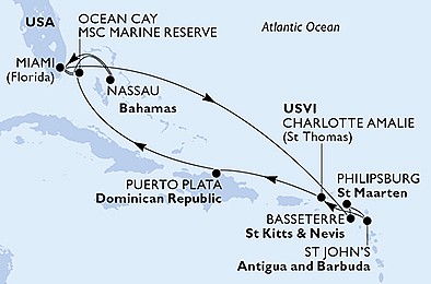 USA, Bahamy, Svatý Kryštof a Nevis, Svatý Martin, Antigua a Barbuda, Dominikánská republika z Miami na lodi MSC Divina, plavba s bonusem