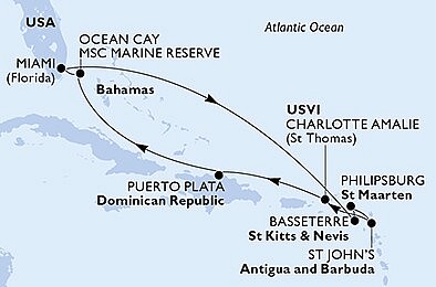 USA, Svatý Kryštof a Nevis, Svatý Martin, Antigua a Barbuda, Dominikánská republika, Bahamy z Miami na lodi MSC Divina, plavba s bonusem