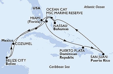 USA, Belize, Mexiko, Bahamy, Dominikánská republika z Miami na lodi MSC Seaside