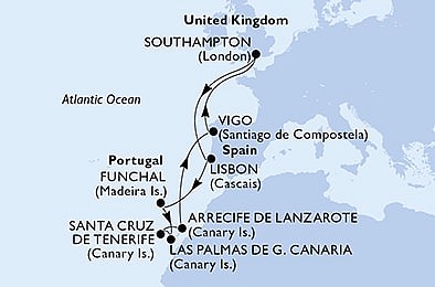 Velká Británie, Portugalsko, Španělsko ze Southamptonu na lodi MSC Virtuosa