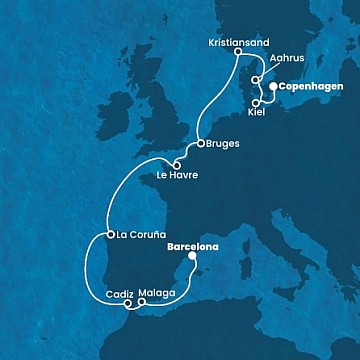 Španělsko, Francie, Belgie, Norsko, Dánsko, Německo z Barcelony na lodi Costa Diadema