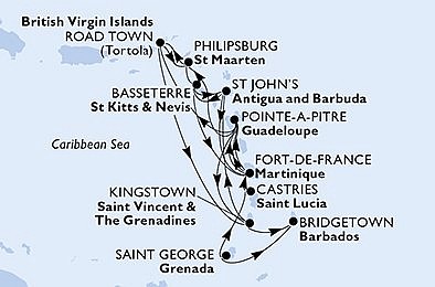Barbados, Britské Panenské ostrovy, Sv. Martin, Svatý Kryštof a Nevis, Svatý Vincenc a Grenadiny z Bridgetownu na lodi MSC Virtuosa, plavba s bonusem