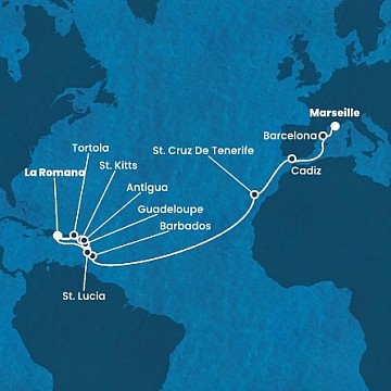 Francie, Španělsko, Barbados, Guadeloupe, Svatý Kryštof a Nevis, Britské Panenské ostrovy, ... z Marseille na lodi Costa Fascinosa