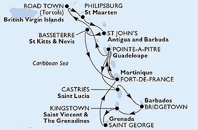 Martinik, Guadeloupe, Britské Panenské ostrovy, Svatý Vincenc a Grenadiny, Grenada z Fort-de-France, Martinik na lodi MSC Virtuosa
