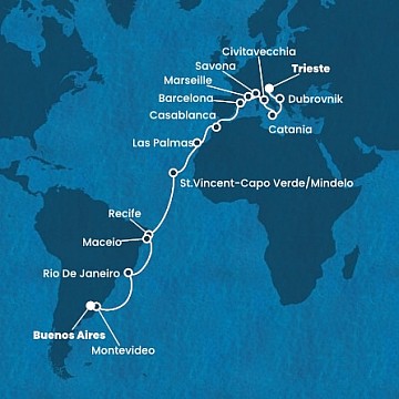 Itálie, Chorvatsko, Francie, Španělsko, Maroko, Kapverdy, Brazílie, Uruguay, Argentina na lodi Costa Deliziosa