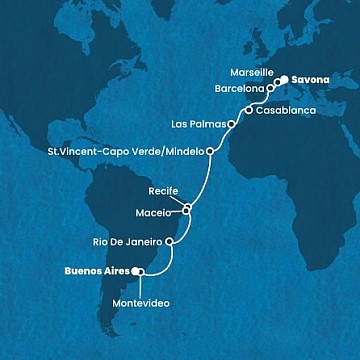 Itálie, Francie, Španělsko, Maroko, Kapverdy, Brazílie, Uruguay, Argentina ze Savony na lodi Costa Deliziosa
