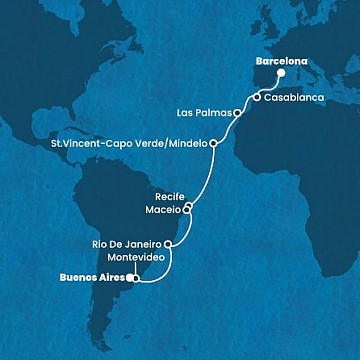 Španělsko, Maroko, Kapverdy, Brazílie, Uruguay, Argentina z Barcelony na lodi Costa Deliziosa