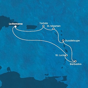 Dominikánská republika, Svatá Lucie, Barbados, Guadeloupe, Svatý Martin, Britské Panenské ostrovy z La Romany na lodi Costa Fascinosa