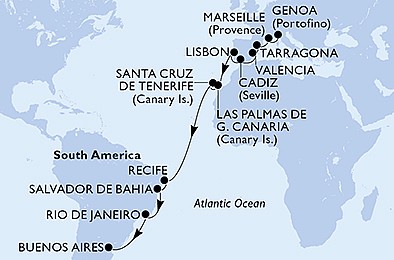 Itálie, Francie, Španělsko, Portugalsko, Brazílie, Argentina z Janova na lodi MSC Poesia, plavba s bonusem