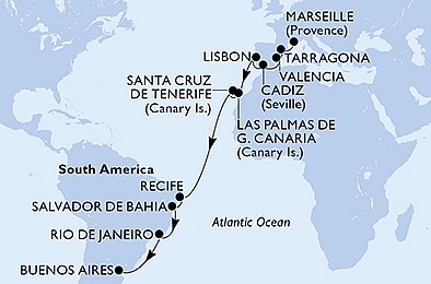 Francie, Španělsko, Portugalsko, Brazílie, Argentina z Marseille na lodi MSC Poesia, plavba s bonusem