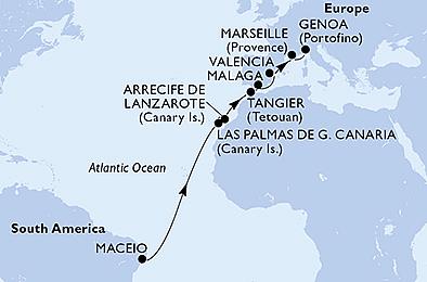 Brazílie, Španělsko, Maroko, Francie, Itálie z Maceia na lodi MSC Grandiosa, plavba s bonusem