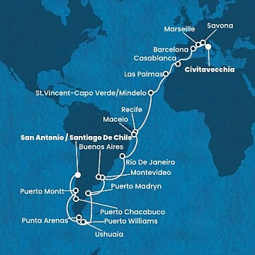 Itálie, Francie, Španělsko, Maroko, Kapverdy, Brazílie, Uruguay, Argentina, Chile z Civitavecchia na lodi Costa Deliziosa
