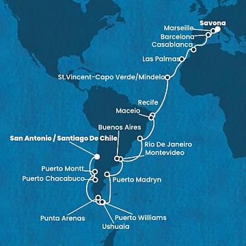 Itálie, Francie, Španělsko, Maroko, Kapverdy, Brazílie, Uruguay, Argentina, Chile ze Savony na lodi Costa Deliziosa