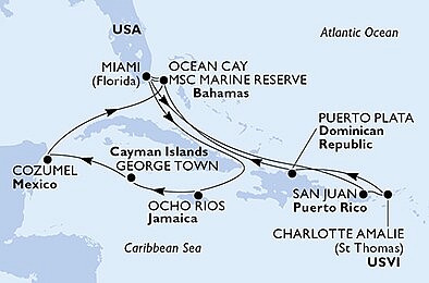 USA, Dominikánská r., Bahamy, Jamajka, Kajmanské o., Mexiko z Miami na lodi MSC Seashore