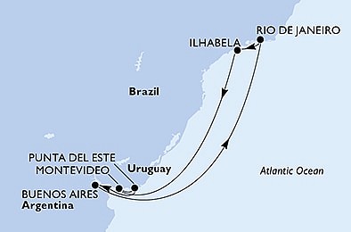 Brazílie, Uruguay, Argentina z Rio de Janeira na lodi MSC Seaview