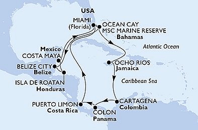 USA, Bahamy, Belize, Honduras, Mexiko, Jamajka, Kolumbie, Panama, Kostarika z Miami na lodi MSC Divina