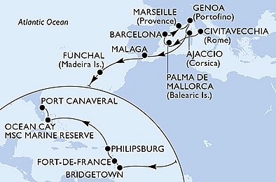 Itálie, Španělsko, Francie, Portugalsko, Barbados, Martinik, Sv. Martin, Bahamy, USA z Civitavecchia na lodi MSC Meraviglia