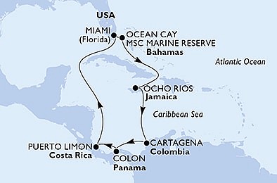 USA, Bahamy, Jamajka, Kolumbie, Panama, Kostarika z Miami na lodi MSC Divina