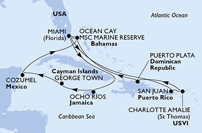 USA, Jamajka, Kajmanské o., Mexiko, Bahamy, Dominikánská r. z Miami na lodi MSC Seashore