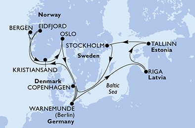 Německo, Norsko, Dánsko, Lotyšsko, Estonsko, Švédsko z Warnemünde na lodi MSC Poesia
