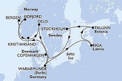 Německo, Norsko, Dánsko, Lotyšsko, Estonsko, Švédsko z Warnemünde na lodi MSC Poesia, plavba s bonusem