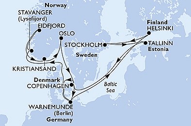 Německo, Norsko, Dánsko, Finsko, Švédsko, Estonsko z Warnemünde na lodi MSC Poesia