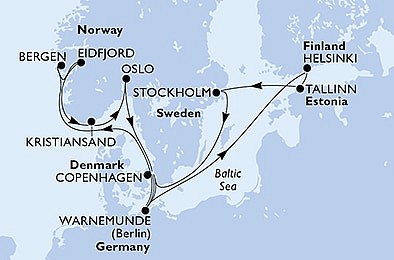 Německo, Norsko, Dánsko, Finsko, Estonsko, Švédsko z Warnemünde na lodi MSC Poesia