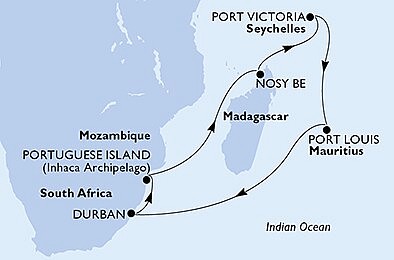 Jihoafrická republika, Mosambik, Madagaskar, Seychely, Mauricius z Durbanu na lodi MSC Orchestra