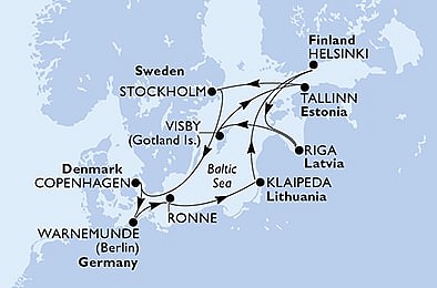 Německo, Dánsko, Litva, Finsko, Lotyšsko, Švédsko, Estonsko z Warnemünde na lodi MSC Poesia