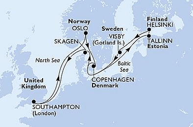 Velká Británie, Norsko, Dánsko, Estonsko, Finsko, Švédsko ze Southamptonu na lodi MSC Virtuosa