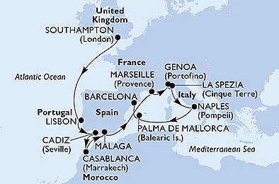 Velká Británie, Portugalsko, Španělsko, Maroko, Francie, Itálie ze Southamptonu na lodi MSC Virtuosa