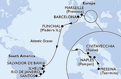Itálie, Francie, Španělsko, Portugalsko, Brazílie z Messiny na lodi MSC Fantasia