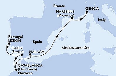 Portugalsko, Španělsko, Maroko, Francie, Itálie z Lisabonu na lodi MSC Virtuosa